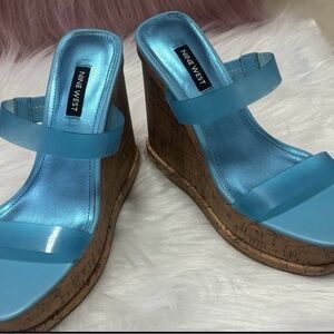Nine West Light Blue Cork Platform Wedge Sandals